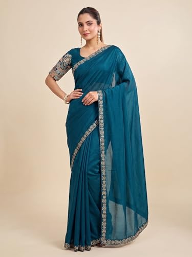 Image of Women's Saree with Heavy Embroidered Blouse & Border, Designer saree for Women