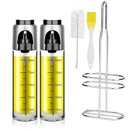 JasCherry 2 Pièces Huile Vinaigre Vaporisateur Vaporiser Pulvérisateur Bouteille Cuisine Set, Entonnoir, Brosse de Nettoyage, Brosse à Huile pour Cuisson Quotidienne, BBQ - 100ml