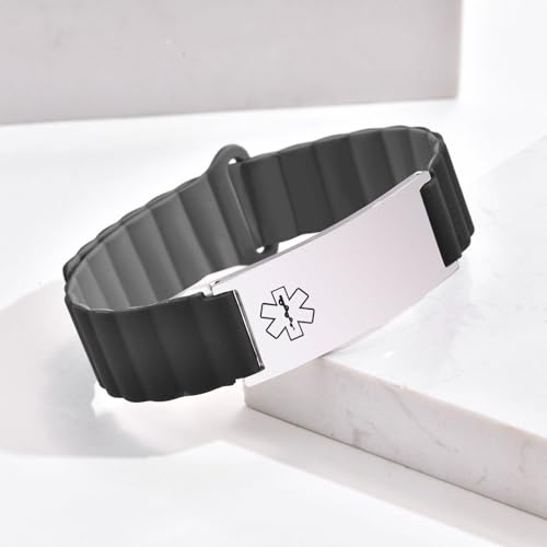 (Price Including Tax)Comfortable Medical ID Bracelet for Men & Women - Custom Engraved Silicone Strap Medical Alert Bracelets for Sports,Adjustable Waterproof Customizable ID Wristband,Black Grey