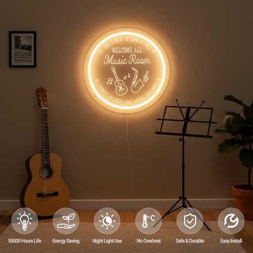 Image of Live Music Neon Sign for Music Studio, Guitar LED Light Up Signs for Wall Decor, 3D Art Dimmable Neon Light USB for Bedroom Game Room Man Cave Party Aesthetics Decor, 12x12 Inch