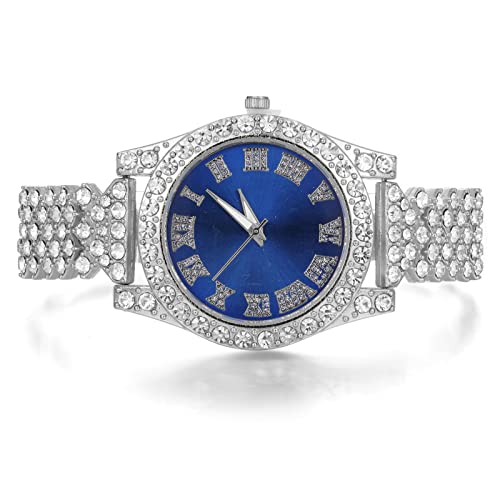 Image of Halukakah Diamonds Gold Watch Iced Out, Kid's 18K Real Gold /Platinum White Gold Plated 36MM Width Green /Blue /Red Dial Quartz Wristband 8 inch with Cuban Link Chain 7 inch+16 inch Bracelet, Free Giftbox