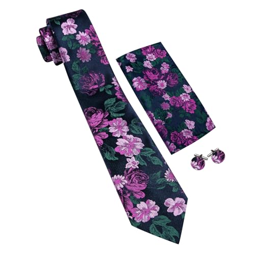 Image of Barry.Wang Flower Ties for Men Handkerchief Cufflinks Set Wedding Necktie Set Party