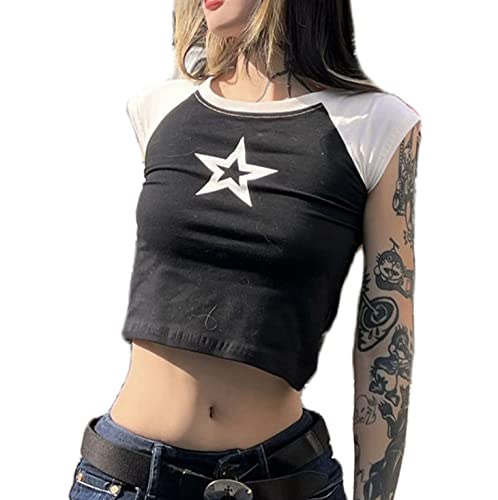 FeMereina Camisetas de manga corta con estampado gráfico de estrellas vintage Y2k para mujer y niña, color de contraste de hadas, grunge, estéticas Harajuku Steetwear, a, S