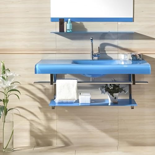 モダンな壁掛け式バスルーム洗面化粧台セット、 強化ガラストップシンク、 ミラーと棚、 現代的なフローティングデザイン、 バスルームの省スペース化を実現(青,60x50cm)