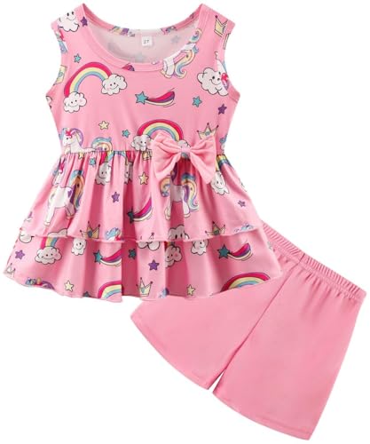 Image of Girls 2 Piece Outfit Summer Short Set Sleeveless Bow Knot Tank Top and Shorts Cute Clothes for Toddler Girls