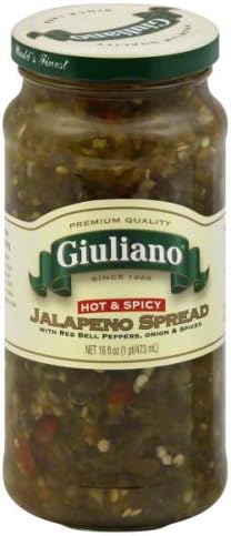 Giuliano Hot and Spicy Jalapeno Spread With Red Bell Peppers Onion and Spices 16 oz - Pack of 6 Y