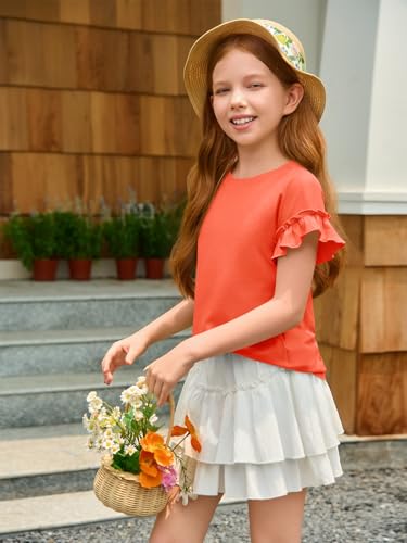 Image of Haloumoning Girls Ruffle Short Sleeve T Shirts Crewneck Tops 5-14 Years | Summer, Cute Tees Blouse, Casual, Solid Color, Loose Fit