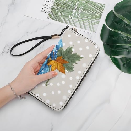 Blue Pumpkin with Autumn Leaf PU Leather Clutch Long Bifold Wallet, Coin Purse Credit Pass Case, Durable Card-Holder Money Storage for Women Men4