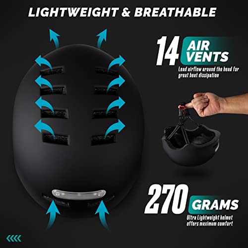 Kolox Skateboard Cycling Helmet - Rechargeable Front & Back Led Light, Removable Ventilation Liners, Multi-Sport Scooter Rollerblading Roller Skate Inline Skating Head Protection For Adults (Medium) #TOP3