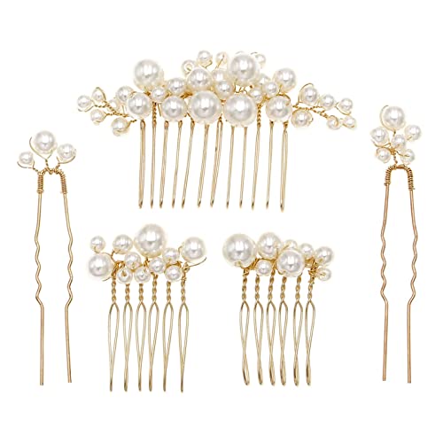 wedding pearl hair combs set of 5 pcs - elegant hair accessories for bridal women gold
