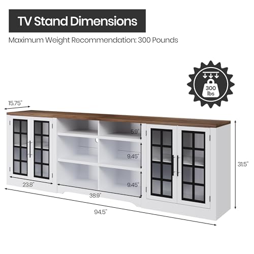 Mekminop 94.5 inch TV Stand for TVs up to 100\", Entertainment Center Console Table with Closed Storage Cabinet and 3-Tier Open Shelves, Farmhouse TV Console for Living Room, White