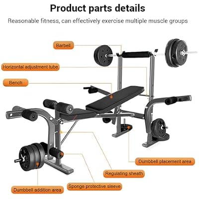 5 in 1 Weight Bench for Arm Leg Back Abs Pectoral Muscle, Backrest Angle Adjustable, Bench Press Set with Barbell Rack Max Weight Bearing 600Lbs
