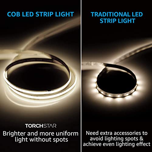 Image of TORCHSTAR COB LED Strip Lights, 16.4 ft Cuttable Tape Bendable Light, 504LEDs /M, 5400lm Flexible Ambience Rope Lighting, 4000K Cool White, for Cabinet, Bookcase, Counter, Bedroom