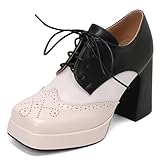  Renessmi Classique Lacets Bloc Femme Chaussures Richelieu Bout Carré Plateforme Large Fit Mixed Color Oxford Footwear Beige Taille 42 EU/44Cn