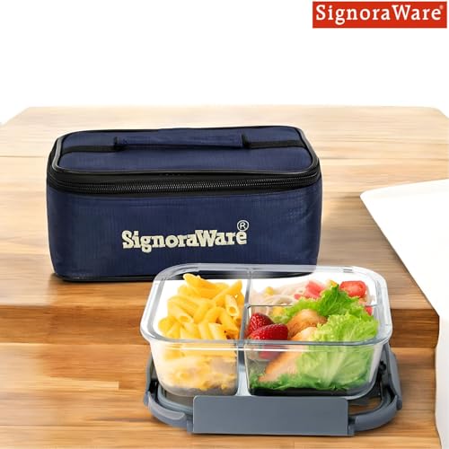 Image of SignoraWare Slim Borosilicate Glass Lunch Box With Bag | Airtight & Leakproof | Microwave Safe | Crack Resistant | Ideal for Office, Picnic & Outdoors | Great for Storing Leftovers (1 Ltr | Clear)