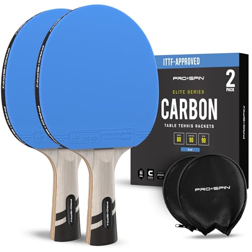 PRO-SPIN Palas de Ping Pong - Homologada por la ITTF con Fibra de Carbono| Madera 7-Ply, Goma Ofensiva, Esponja 2 mm (Azul, Pack de 2)