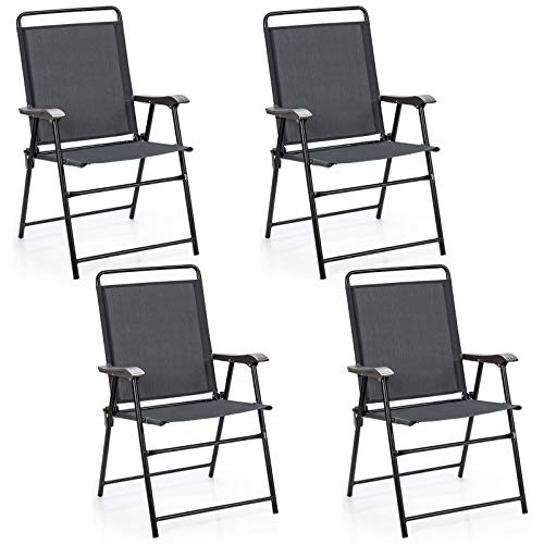 COSTWAY Juego de 4 Sillas Plegables de Jardín, Silla Exterior con Respaldo, Reposabrazos Y Reposapiés, de Textileno, Almohadillas Antideslizantes, para Piscina, Patio, Jardín, 59 x 63 x 92 cm
