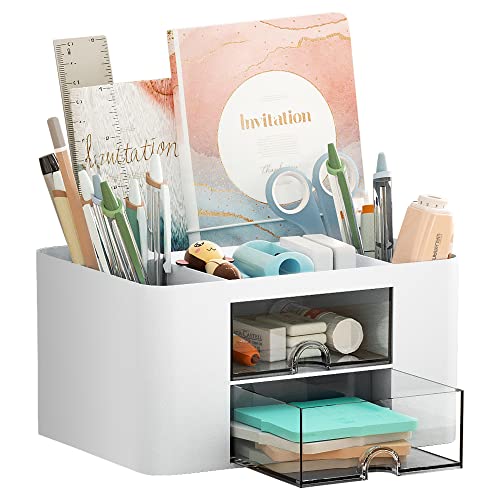 Marbrasse Desk Organiser with Drawers,Stationary Organiser, Multifunctional Pen Holder for Desk with 7 Compartments,Desk Accessories Organiser for Home Office Supplies(White)