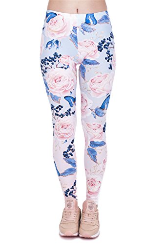 Kukubird Printed Patterns Women's Yoga Leggings Gym Fitness Running Pilates Tights Skinny Pants 8 to 12 Stretchable - Light Pink Roses with Butterflies