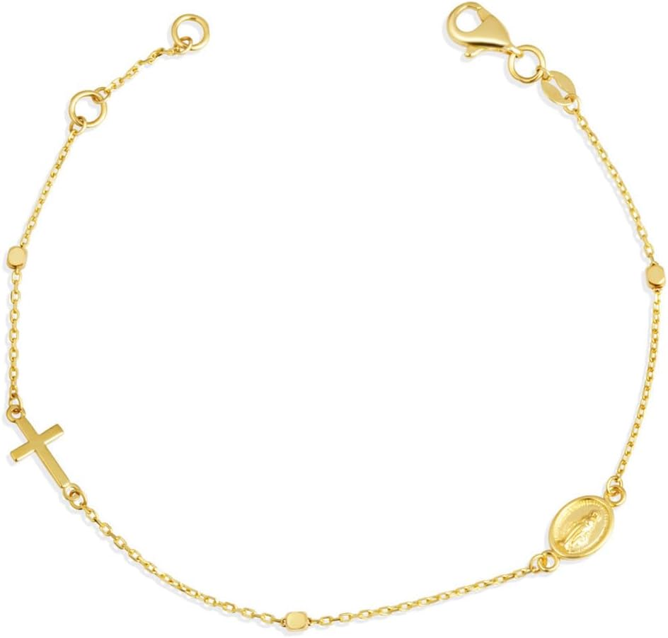 14K Yellow Gold Religious Cross Mother Mary Medallion Bracelet 7"