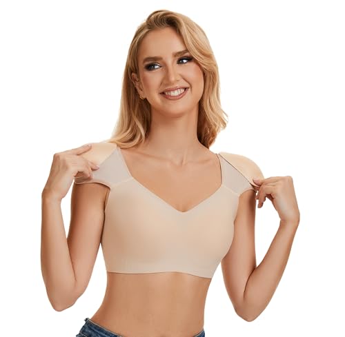 BIMEI Women Shoulder Pad Bra Wireless Bras for Women, Plus Size Seamless Bralette, Wide Straps T Shirt Bra (Beige, 3XL)
