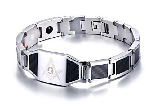 Aotiwe Pulsera para Hombre Acero Inoxidable, Brazalete Amistad Pulsera Masónica de Fibra de Carbono con Imán Plata Masónica