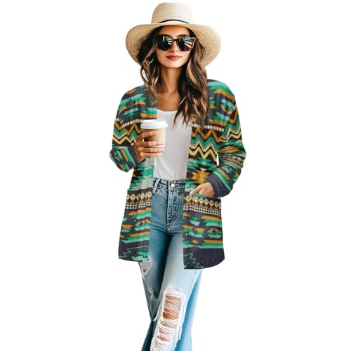 Image of Women's Aztec Open-Front Jacket Lightweight Casual Outerwear Native Western Aztec Pattern & Plaid Houndstooth Print