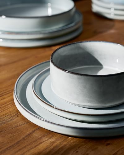 Image of Famiware Annecy Plates and Bowls Sets, Service for 4 (16 Pieces), Dinnerware Sets with Pasta Bowls, Microwave and Dishwasher Safe Dishes Set, Chip and Scratch Resistant, Grey Blue