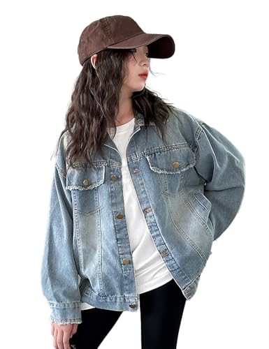 5-14Years Kids Denim Outerwear Jacket Girls Cropped Denim Jacket Long Sleeve Jacket Loose Collared Jeans Jacket3