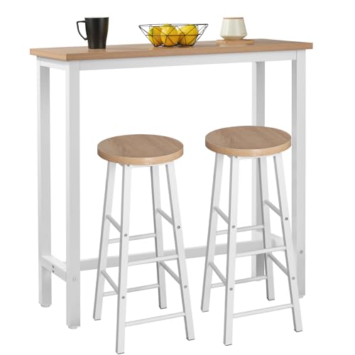 WOLTU Bartisch Set mit 2 Barhockern, 3-teilige Essgruppe mit Küchenstühlen, Esstisch & 2 Hockern aus Metall & Holz für Küchen Wohnzimmer, Hell Eiche