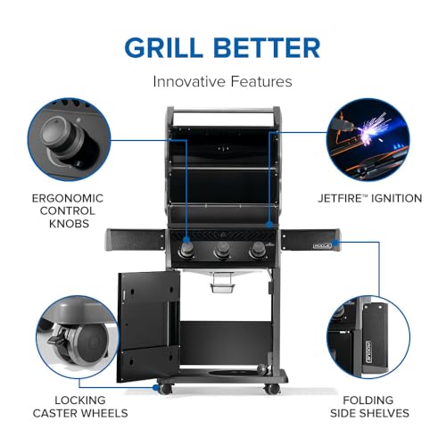 Image of Napoleon Rogue 425 3-Burner Propane Grill | Black, Outdoor BBQ, 42,000 BTUs, 571in Area, Instant Ignition, Folding Shelves, Warming Rack, Locking Caster Wheels