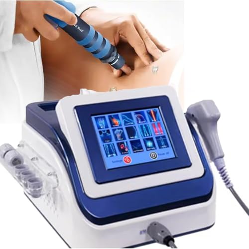 Focused Shockwave Therapy Machine, dispositivo de terapia de ondas de choque de 0.5-8 Bar para alivio del dolor muscular con 5 cabezales de masaje y cable de mango, azul