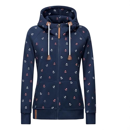 Newbestyle Women’s Hoodies Zip Up Long Sleeve Regular Fit Floral Hooded Sweatshirt Casual Coat Navy Blue M