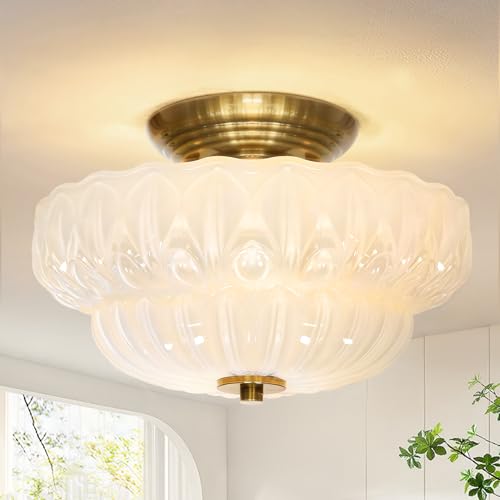 OYKYOHEI Semi Flush Mount Ceiling Light 11IN Vintage Gold Hallway Lights Fixture 3-Bulb Globe Milk Glass Close to Ceiling Light for Bathroom Hallway Dining Room Bulb Not Included