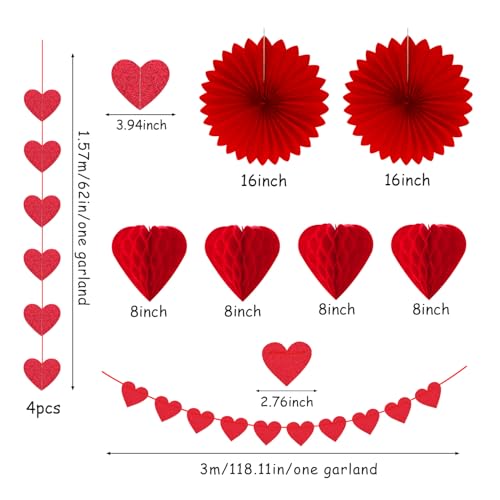 Image of Galentines Party-Decoration Valentines-Day Heart Garland - 25pcs Red Paper Streamers Honeycomb Fans XOXO BEMINE Banner, Anniversary Baby Shower Wedding Love Hanging Supplies Decor Hugfond