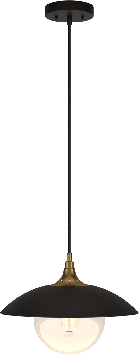 Alvia 14.5" Wide Pendant with Metal/Glass Shade in Matte Black/Brass/Matte Black