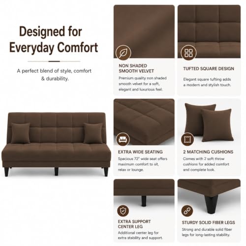 Image of Adorn India Alyssum 3 Seater Sofa Cum Bed 4X6 Velvet 2 Cushions (Color Brown) and Suitable for All Indoor, with 3 Years Warranty