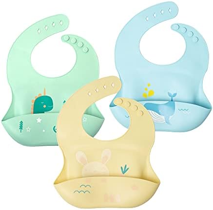 Himirt Silicone Baby Bib, (3-Pack) Cute Silicone Baby Bibs for Babies & Toddlers, Adjustable Fit Waterproof Bibs, for Babies Girl and Boy