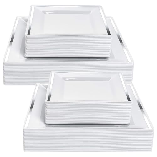 YAYODS Lot de 50 Assiettes Plastique Rigide avec Bordure Argentée - 25 Assiettes Plates (24cm) + 25 Assiettes Dessert (16,5cm) - Service de Table Carré...