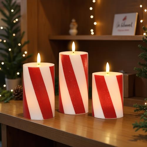 Image of Eldnacele Christmas Candy Cane Stripe Flameless Candles with Remote and Timer, Battery Operated 3D Wick Flickering Real Wax Stripe Glitter Pillar LED Candles Holiday Xmas Decor (3Pcs, D3xH4 /5 inch /6 inch)