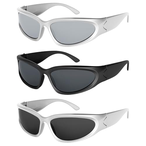 Sdfvsdg 3Pack Y2K Wrap Around Sunglasses for Men Women Silver Glasses Retro 90s Fashion Sport Shades Eyeglasses