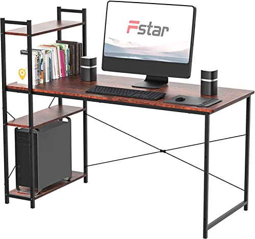 Image of Computer Desk with 4 Tiers Storage Shelves for Home Office Bedroom Solid Wood Study Table