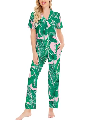 Image of SWOMOG Women Pajama Sets Two-Piece Nightwear Short Sleeve Sleepwear Button Down Pj Lounge Sets with Long Pants