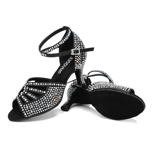 Image of JUODVMP Women's Latin Dance Shoes Rhinestones Satin Ballroom Dancing Shoes Salsa Professional Dance Shoes