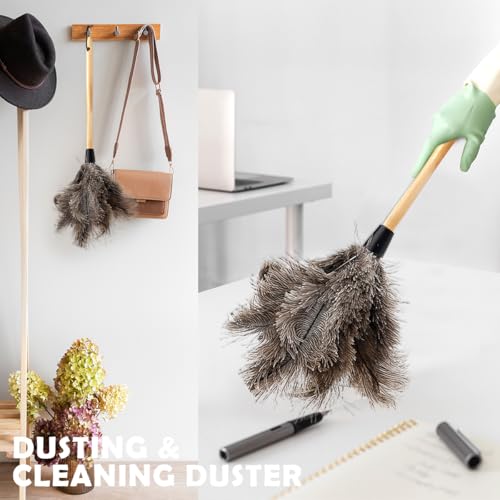 Image of Ostrich Duster, 22 inch Ostrich Duster Soft Handmade Washable, Ostrich Duster with 13 inch Wooden Handle for Cleaning