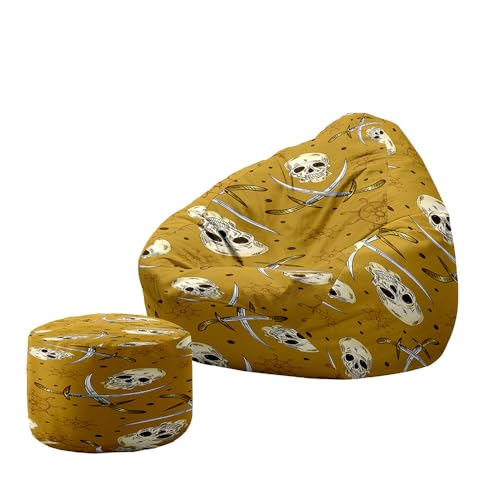 Hiseng Funda Puff Pera con Reposapies Sin Relleno S M L XL XXL, Puff Sin Relleno Lavable Grande Pequeño para Infantil Adultos Almacenaje de Juguetes de Peluche (Impresión de Calavera 8,100x120cm)
