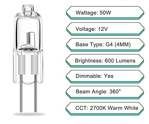 Cmyben G4 Halogen Light Bulbs, 50W 12V 2800K G4 Dimmable Halogen 2 Pin Base Lamp Warm White Clear Capsule Lamp Pack Of 10 #TOP1