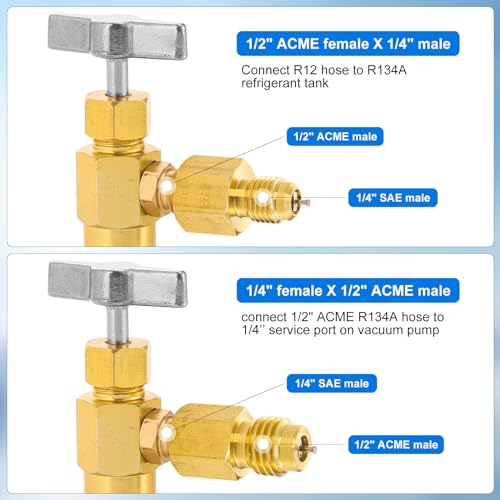 Image of 6PC R134A Refrigerant Tank Adapter, R134A to R22 Adapters, 1 /2'' to 1 /4'' Flare R134A Vacuum Pump Adapter Fitting for Refrigeration Charging - 6PC