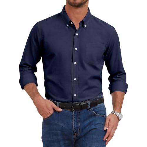 Men's Oxford Dress Shirt Long Sleeve Button Down Wrinkle Resistant with Pocket