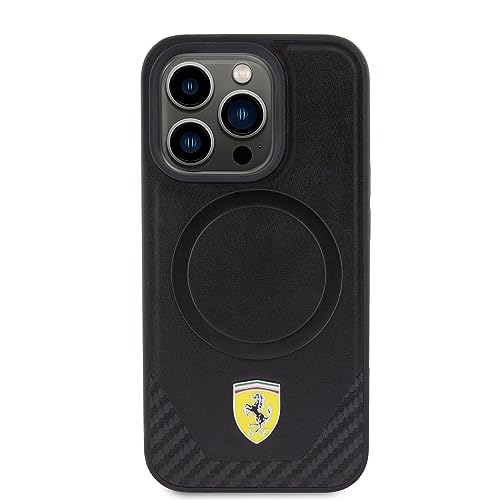 Coque rigide iPhone 15 Pro Ferrari avec logo métallique et carbone noir
